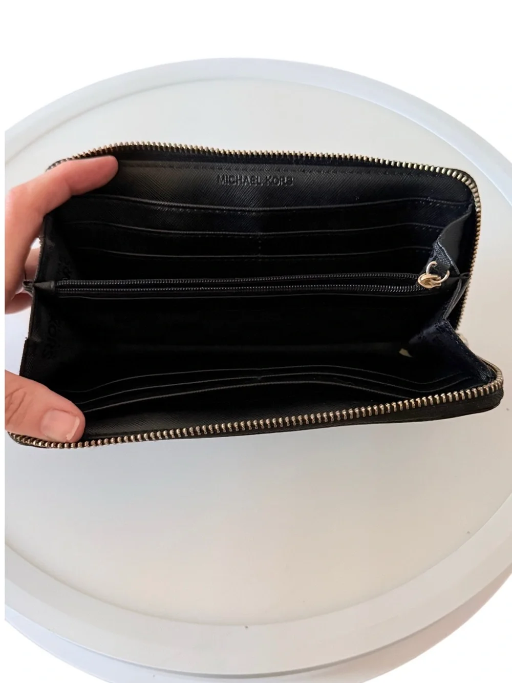 Michael Kors Black Patent Embossed Logo Zip Around Accordion Wallet Gold Tone